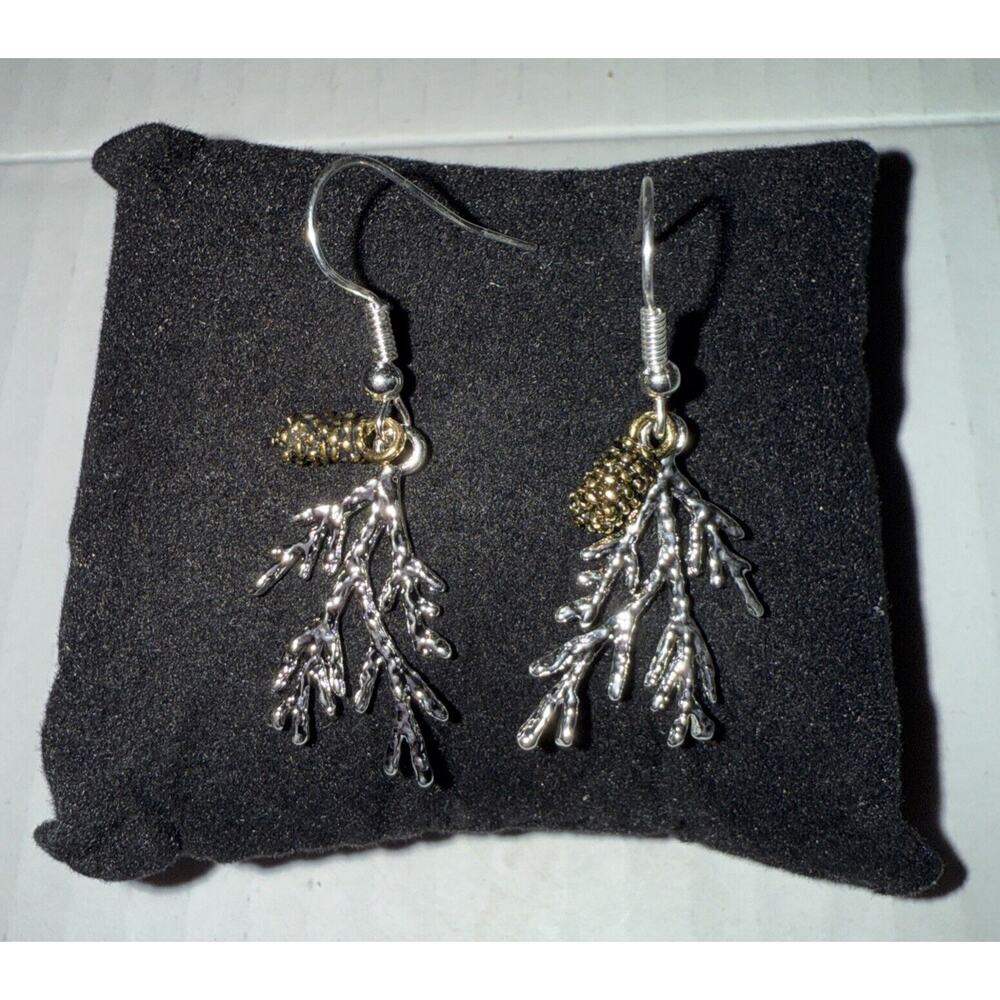 Wintry Branch SilvertoneDangle Earrings With Antique Brass Colored Pine Cones